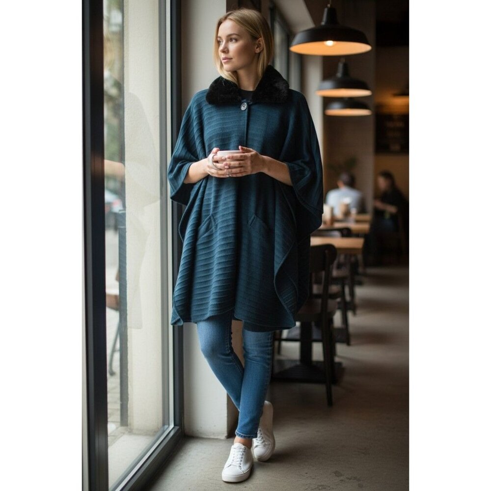 Le Moda Teal Cape With Faux Fur Collar & Button Closure - Picture 9 of 11